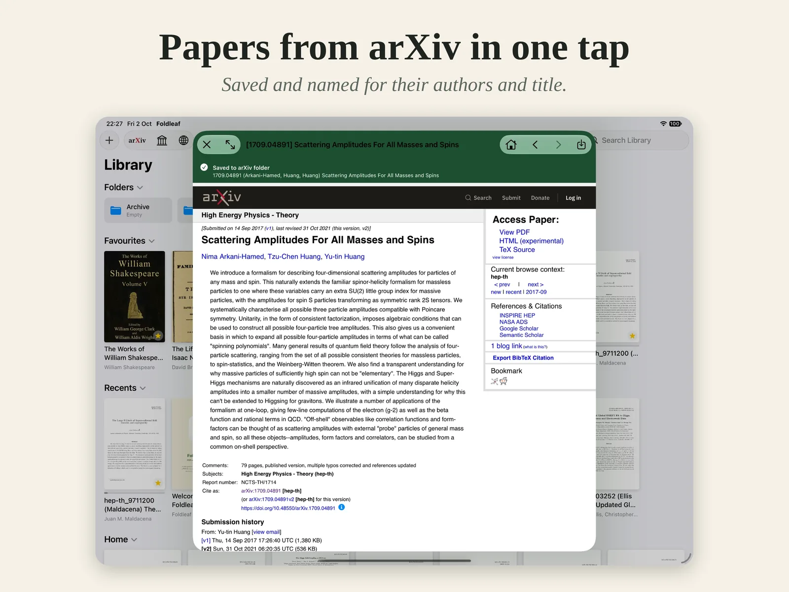 The arXiv browser on iPad, a paper just saved to the arXiv folder.