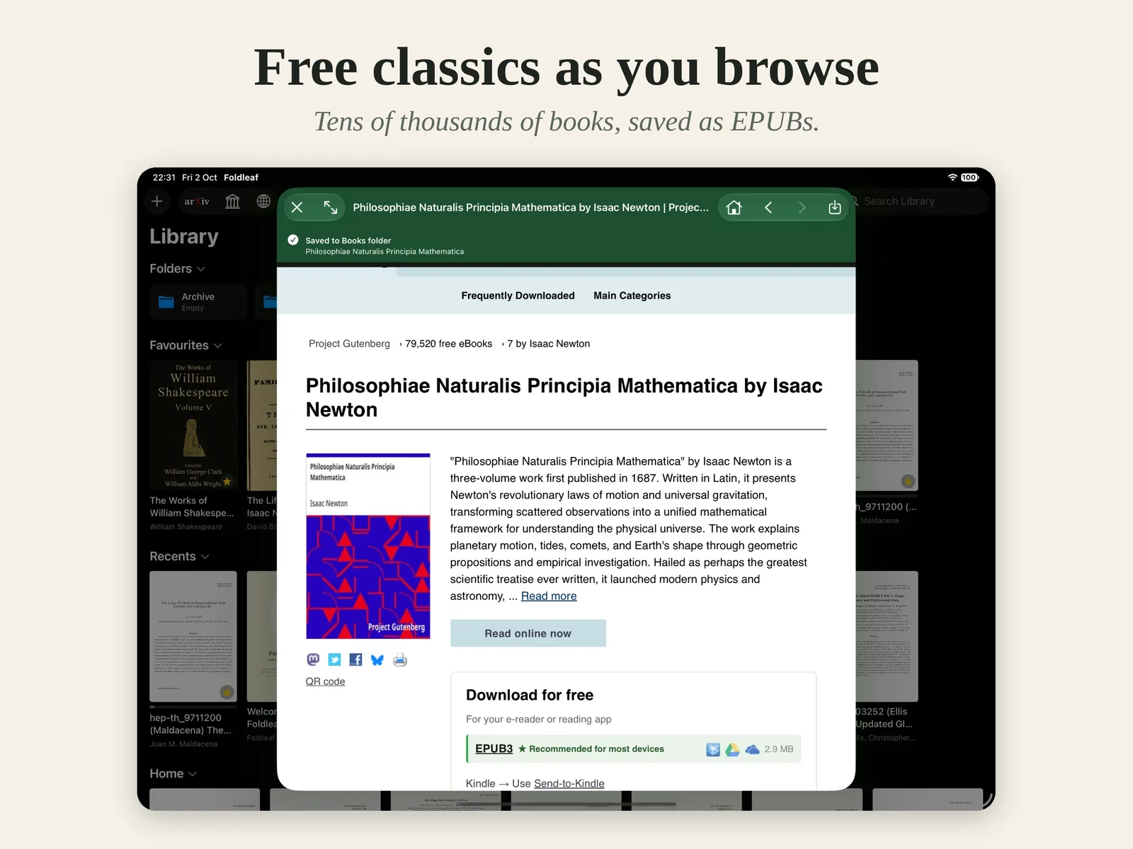 The Project Gutenberg browser on iPad, a book just saved to the Books folder.