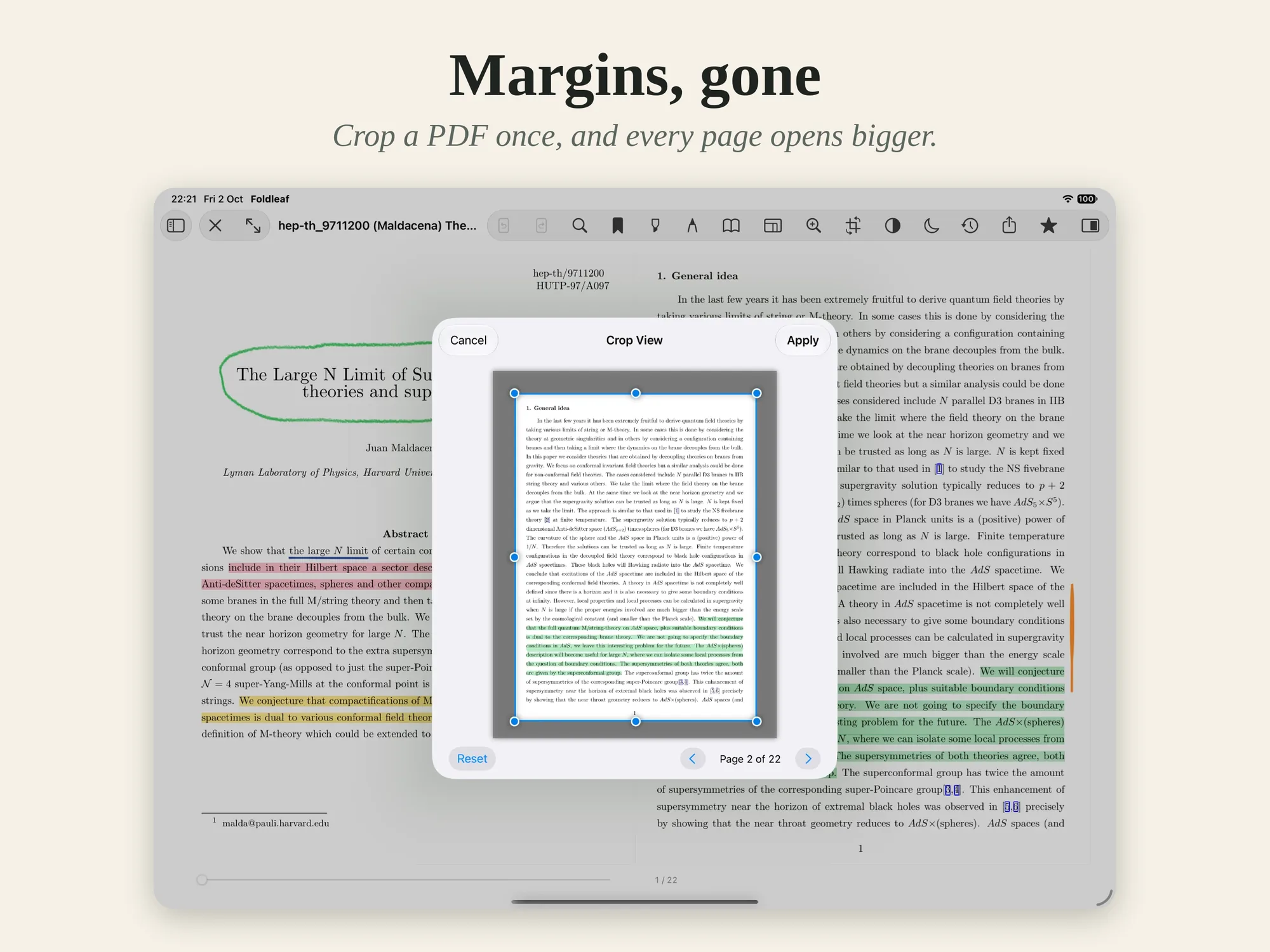 Crop View on iPad: a rectangle drawn round a page's text, its margins outside.