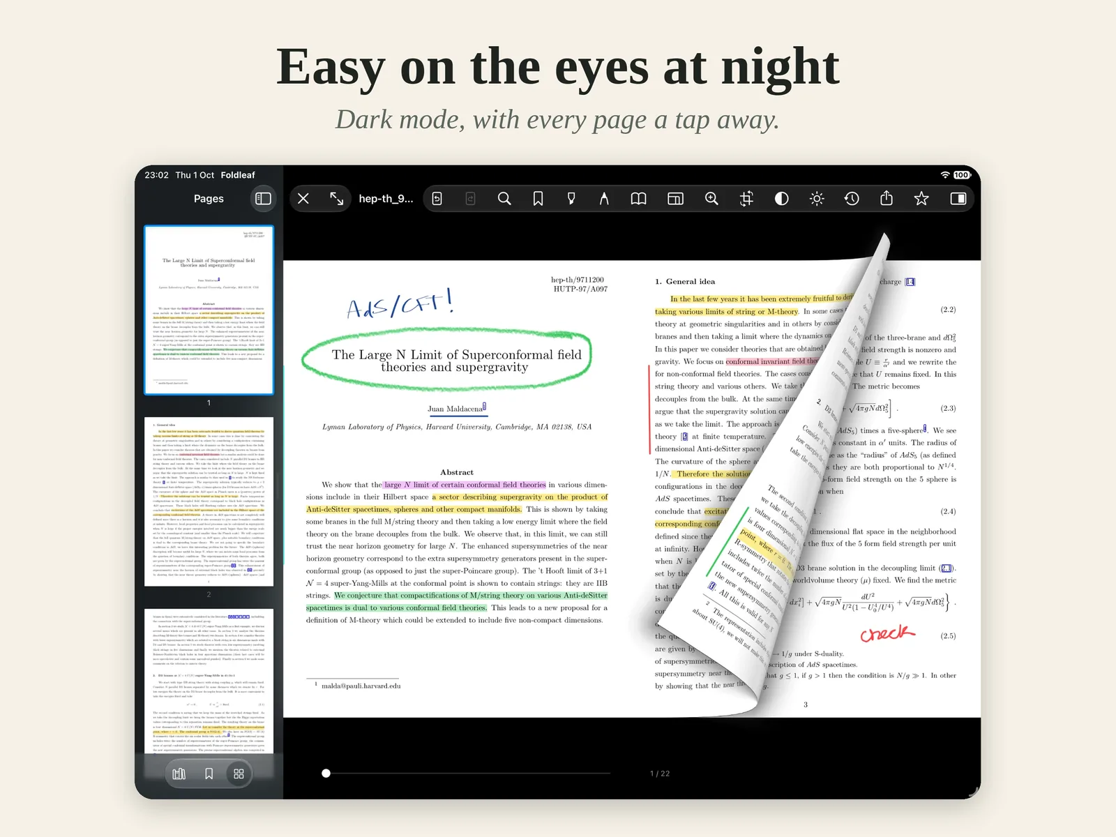 A paper in dark mode on iPad, with page thumbnails in the sidebar.