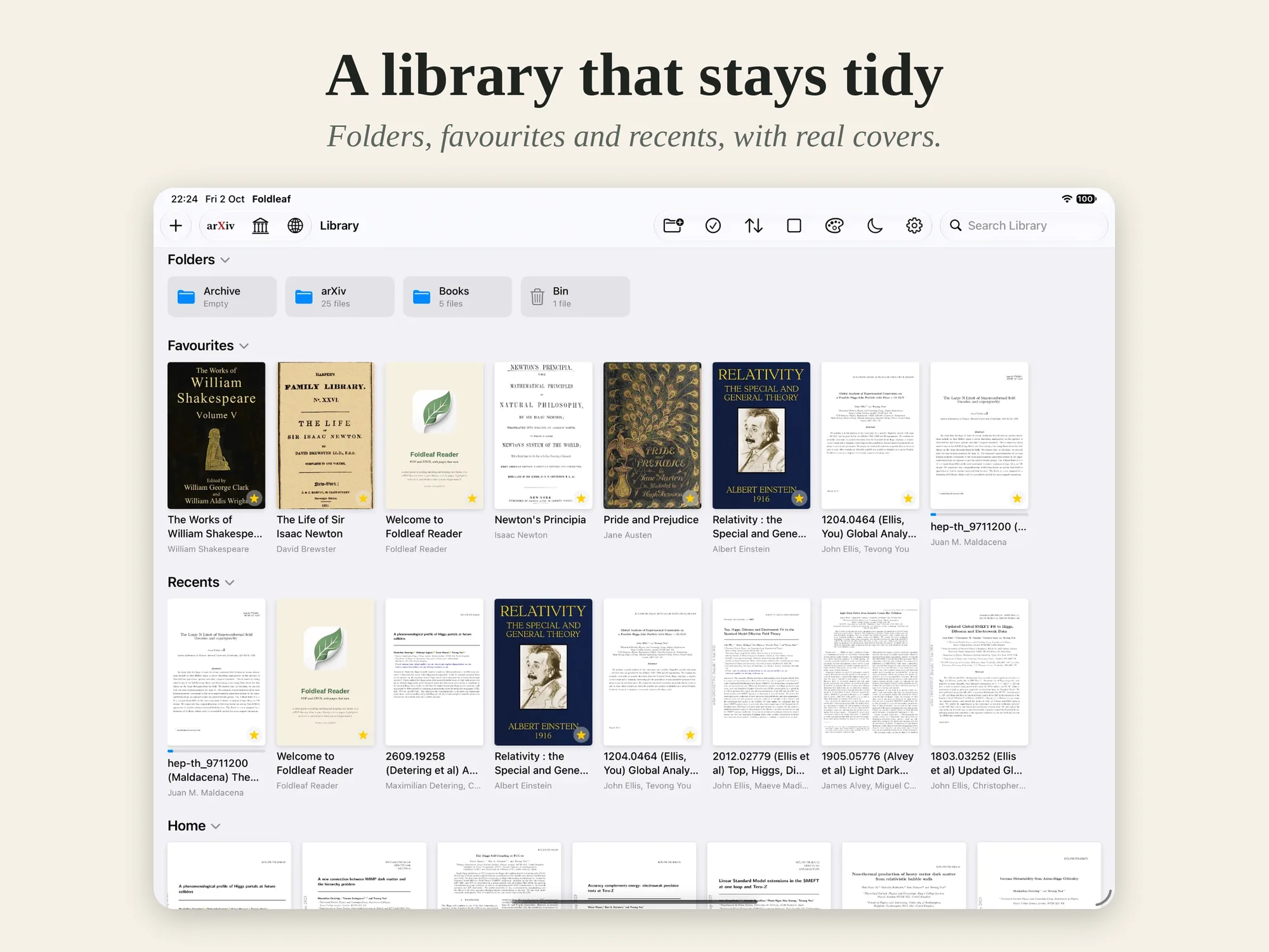 The library on iPad, with folders, favourites and recents shown by their covers.