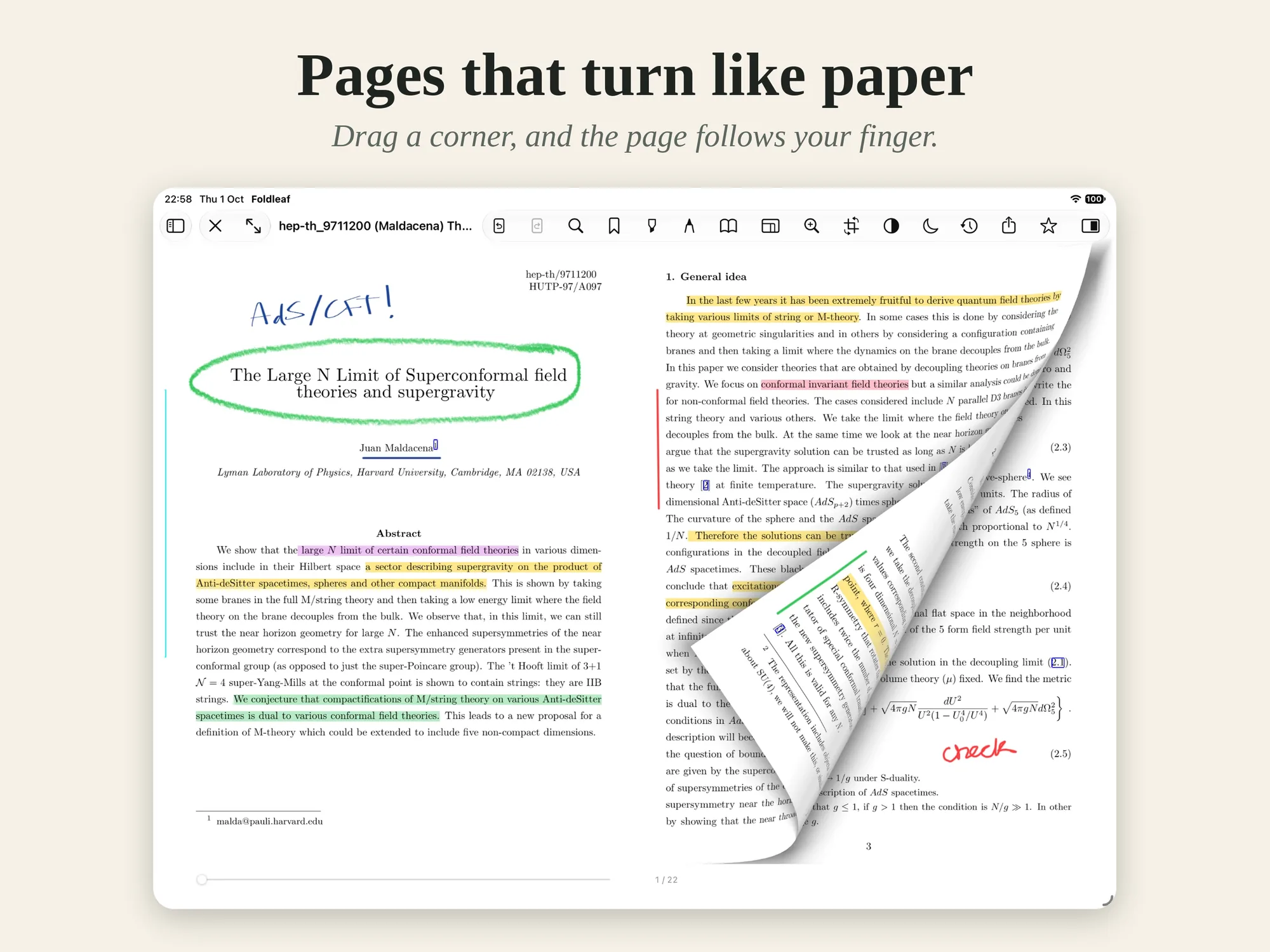 A paper on iPad, its page curling over with handwriting and highlights on it.