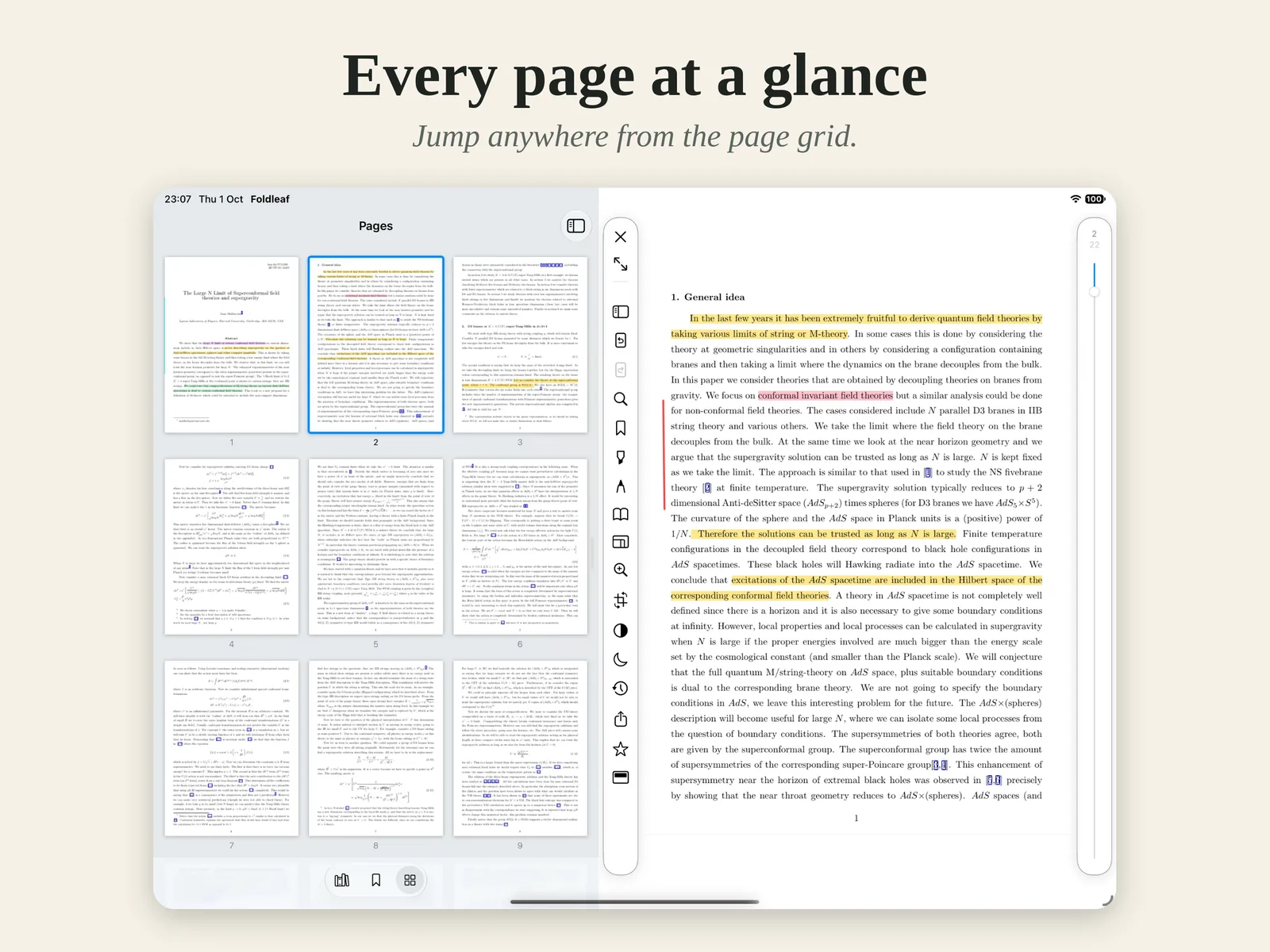 Every page of a paper at a glance, in a grid beside it on iPad.