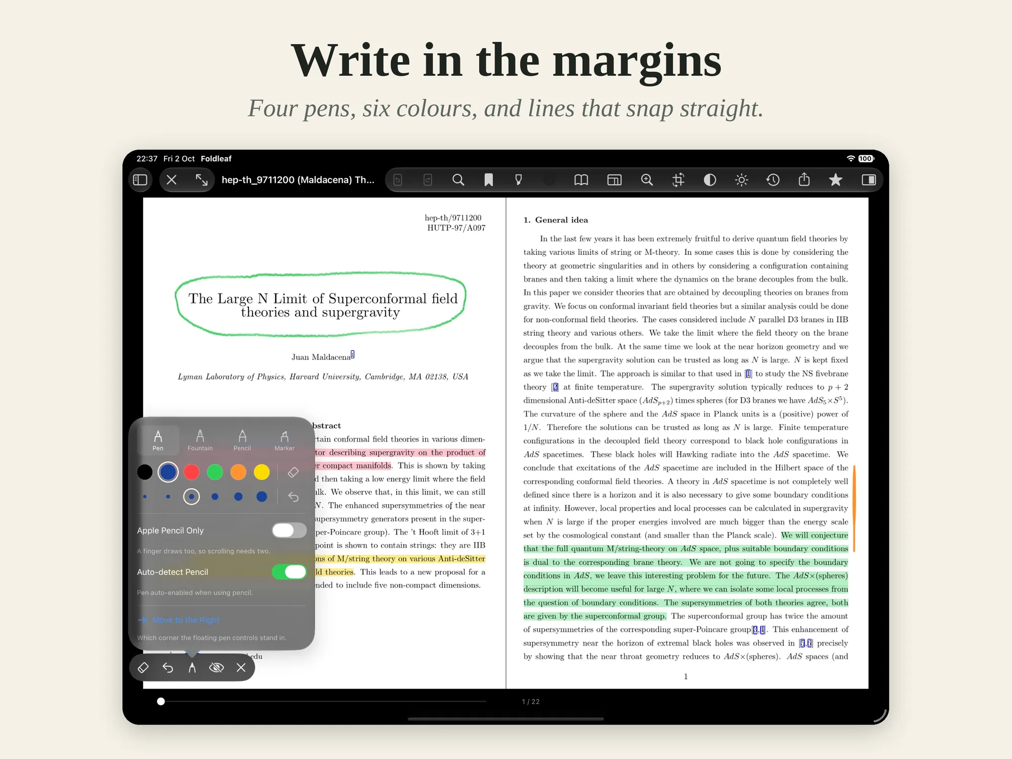 The pen's options on iPad: four pens, six colours and six widths.