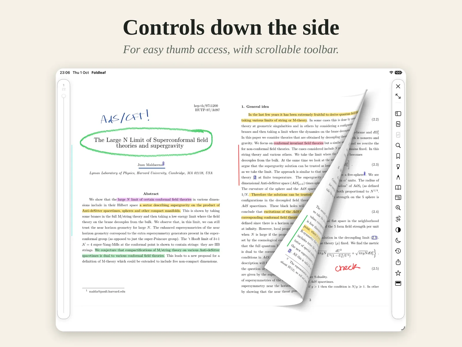 The controls in a column down the side of the page on iPad.