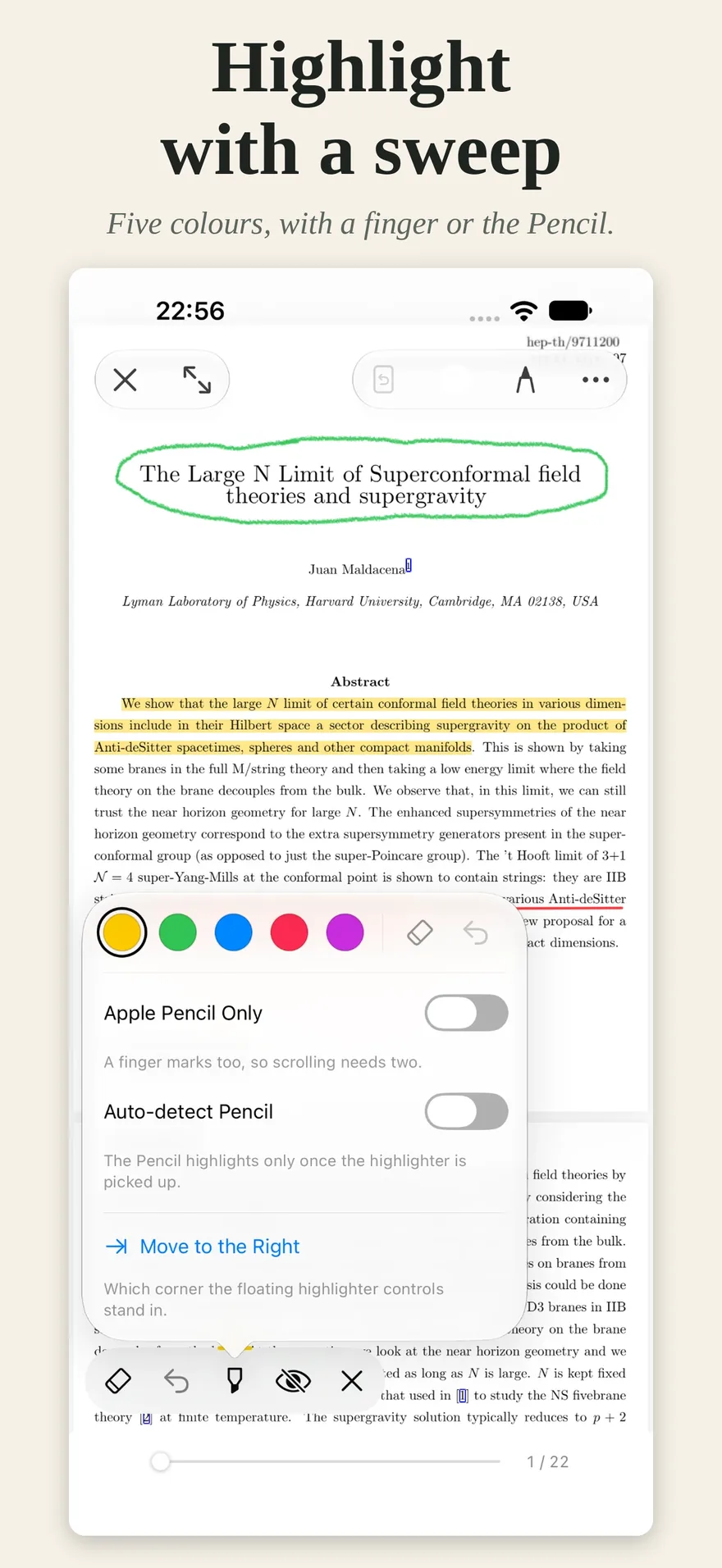 The highlighter's five colours on iPhone.