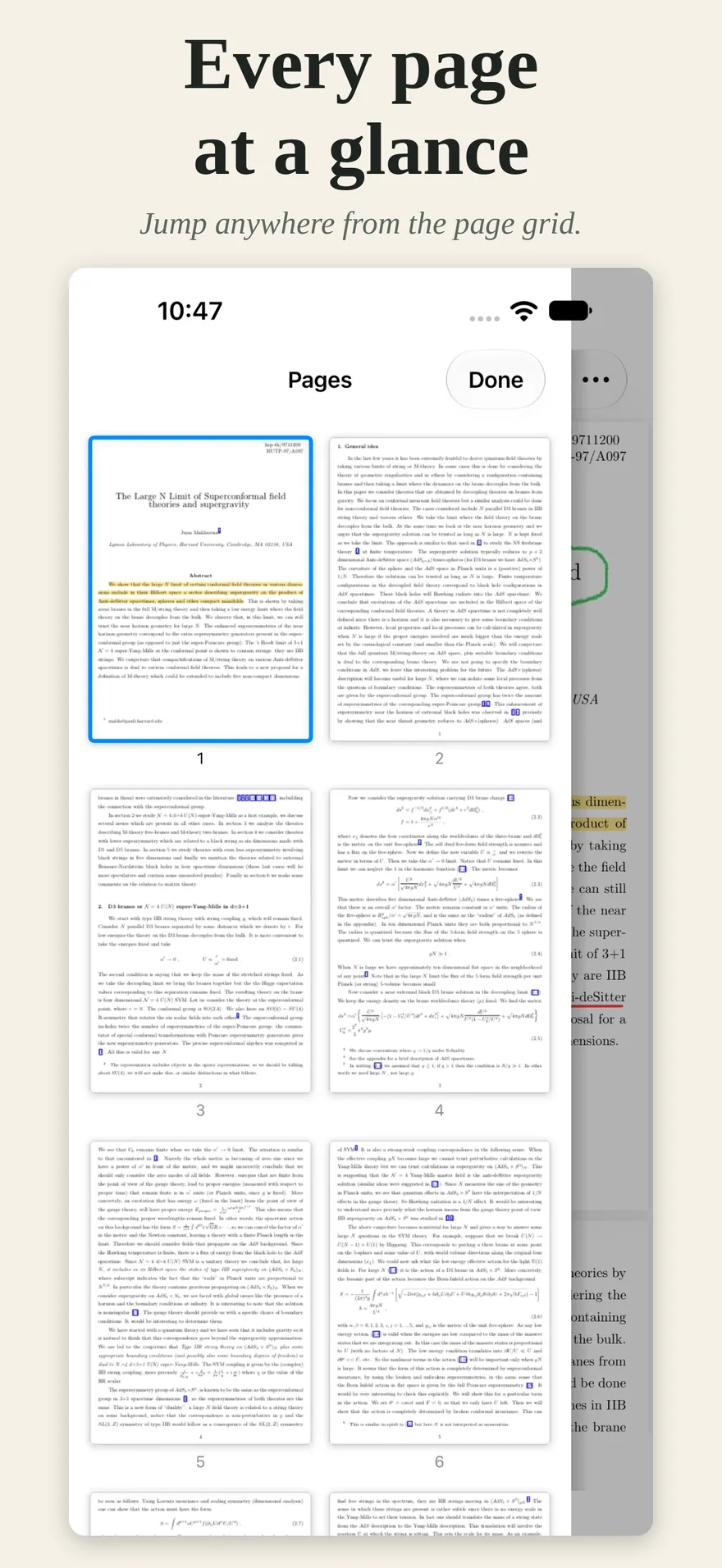 A grid of a paper's pages on iPhone.