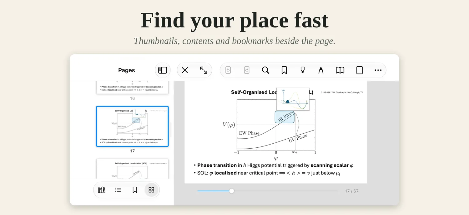 Thumbnails beside a slide on iPhone held sideways.