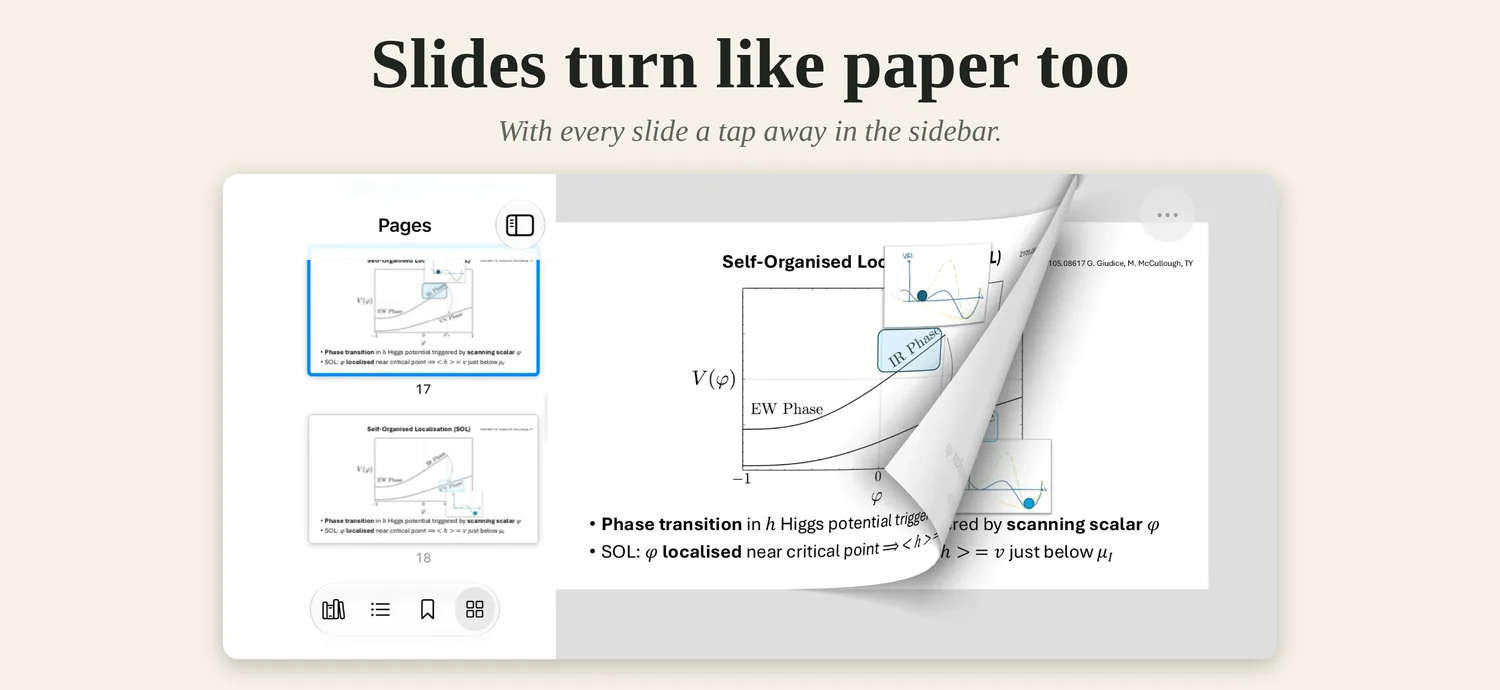 Lecture slides turning like paper on iPhone held sideways.